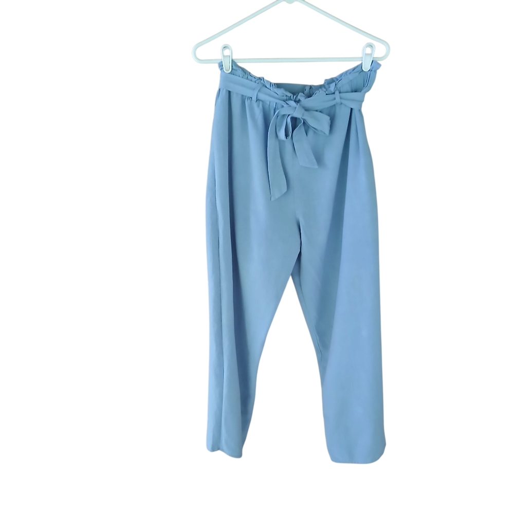 Everly Light Blue High Waisted Linen & Rayon Belted Cropped Pants Large